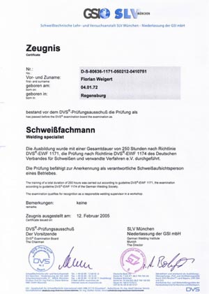 Metallbau Weigert - Zertifikat