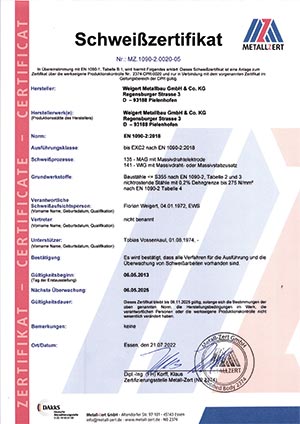 Metallbau Weigert - Schweißer Zertifikat